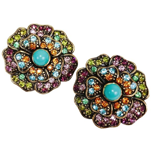 VTG Signed Heidi Daus Gold Tone Floral Clip On Earrings Glass Rhinestone Vibrant - Picture 1 of 9